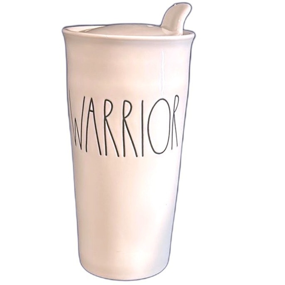 Rae Dunn "WARRIOR" Ivory Ceramic Coffee Travel Tumbler w Lid